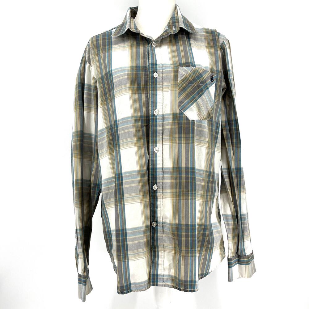 Volcom Men's Large‎ Plaid Cotton Button-Up Shirt Blue Gray Cream Casual Western